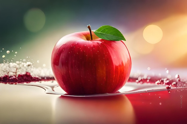 A red apple with a green leaf on it