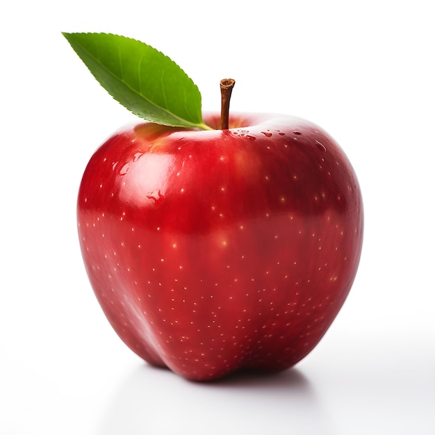 A red apple with a green leaf on it