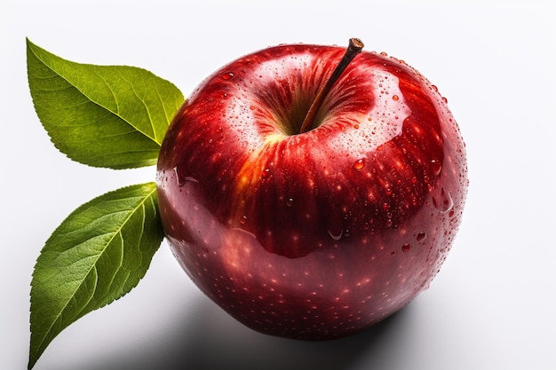 A red apple with a green leaf on it