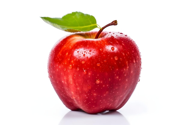 Red apple with green leaf on white background