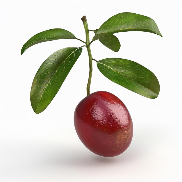 a red apple with green leaves on it is growing from a tree