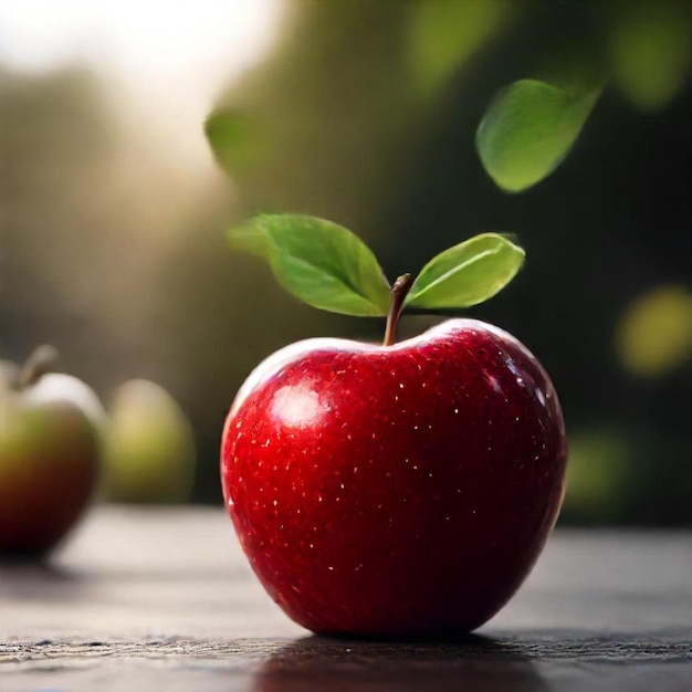 Photo a red apple with green leaves on it and two apples in the background