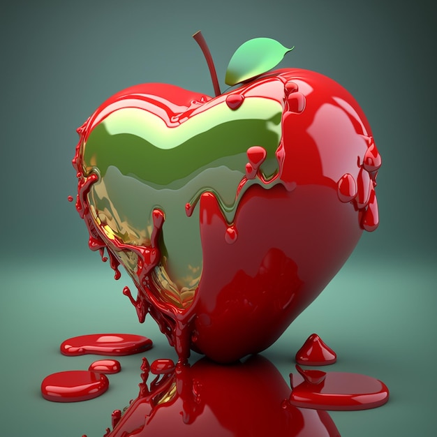 A red apple with green and red paint is in a dark room.