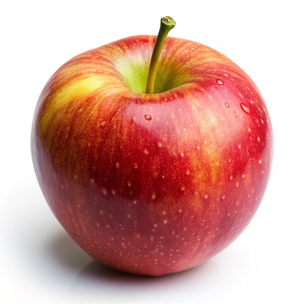 a red apple with a green stem and yellow and red spots