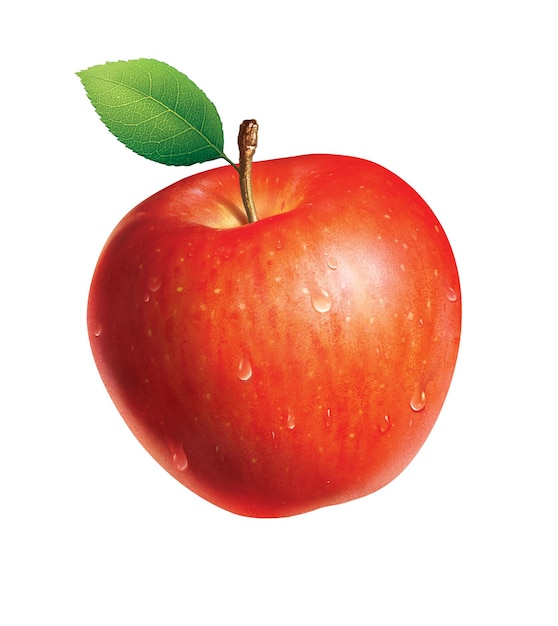 A red apple with a leaf on it