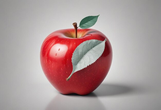 a red apple with a leaf that has a leaf on it