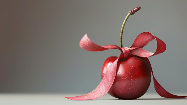 a red apple with a red ribbon on it