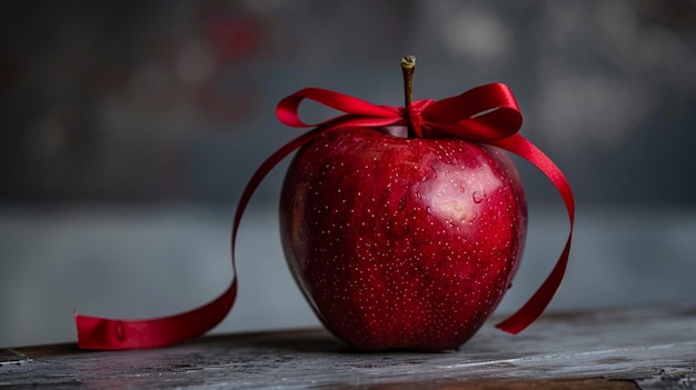 a red apple with a red ribbon tied to it with a bow