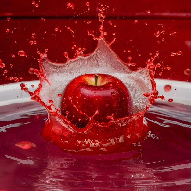 Photo a red apple with a red stem in the water generative ai