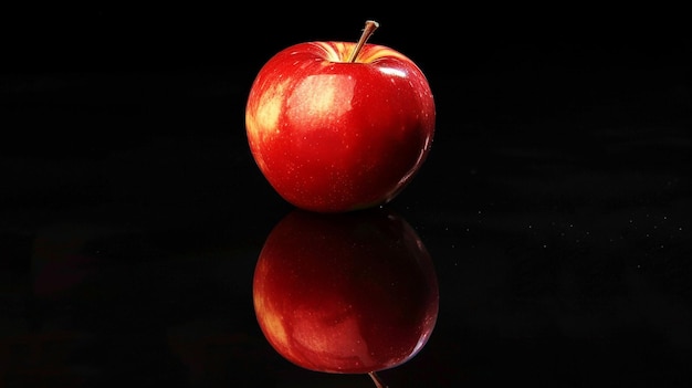 a red apple with a reflection on a black background