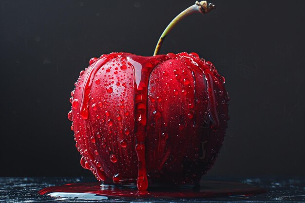 a red apple with a stem that has water dripping off it