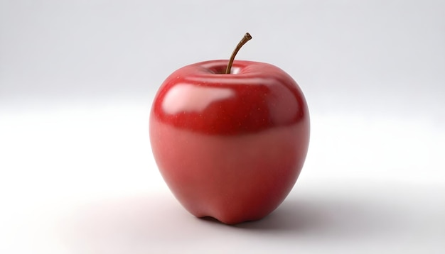 a red apple with a stem that is on a white surface