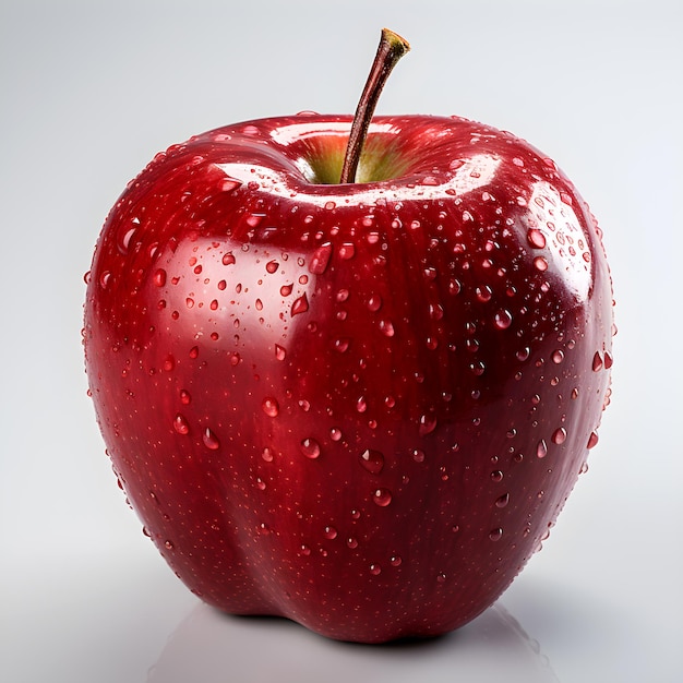 A red apple with water droplets glistening on its skin