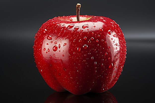 Red apple with water drops on black background