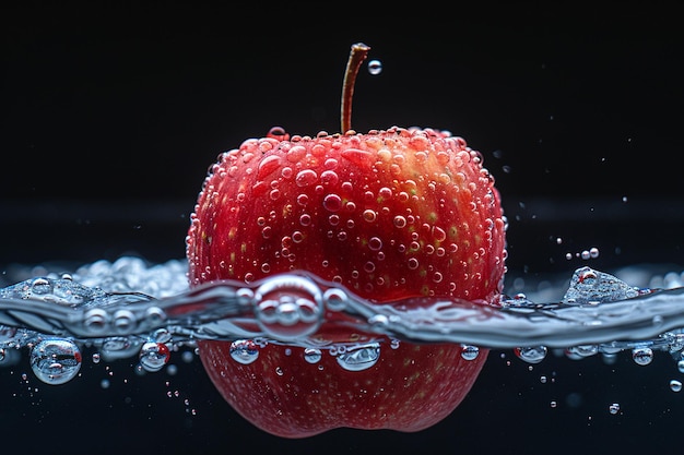 a red apple with water drops in front of it and water droplets