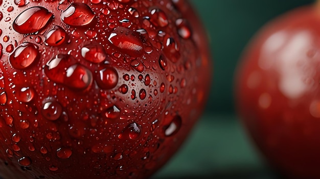 Photo a red apple with water drops on it and a green background