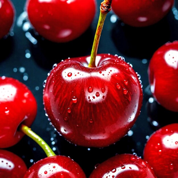 Photo a red apple with water drops on it and a green stem