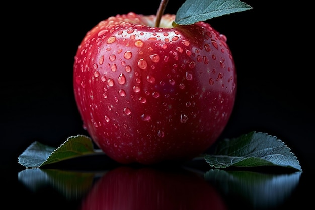 a red apple with water drops on it and a leaf that says water drops