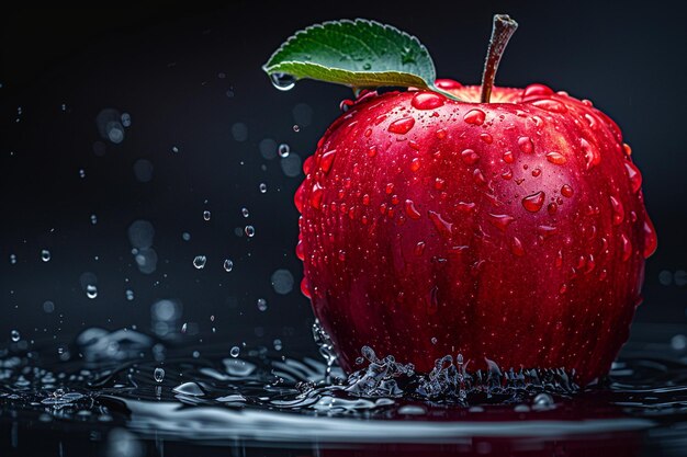 a red apple with water drops on it and water droplets