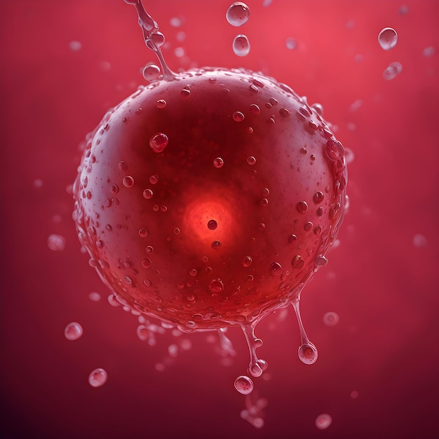 a red apple with water drops and a red background