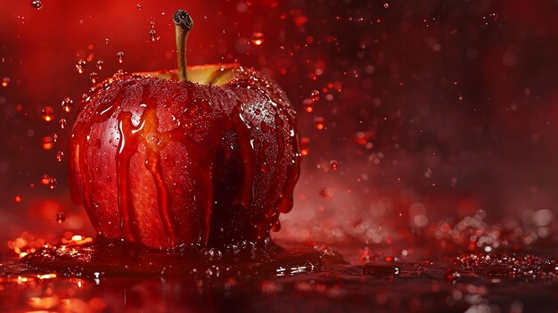 Photo a red apple with a white sticker on its back is covered in water