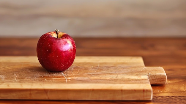 a red apple on a wooden cutting board with a red apple on it