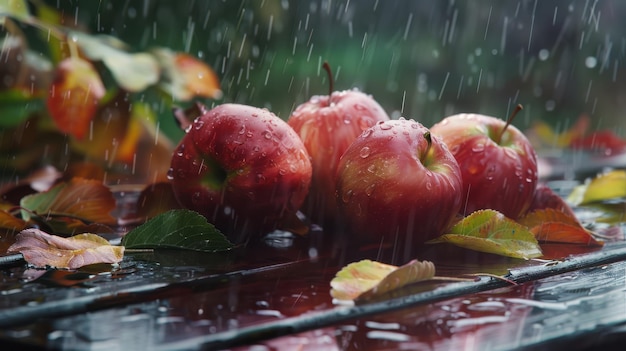 Red Apples Amidst Leafy Rainy Table