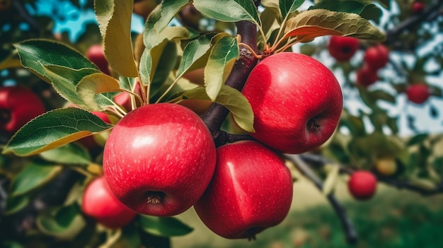 Red apples on apple tree branch Top down view