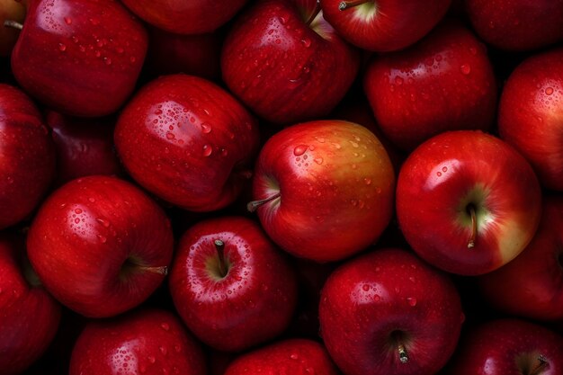 Red apples background with water drops Top view