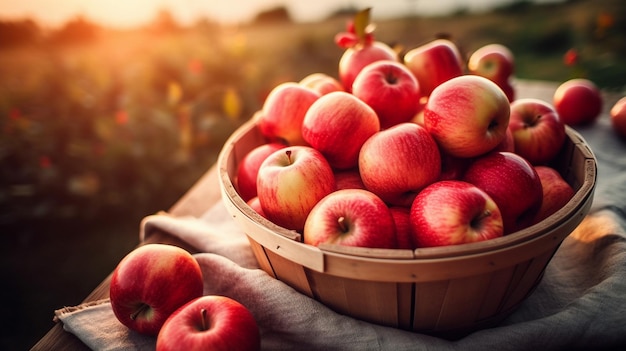 Red Apples In Basket On Aged Table At Sunset