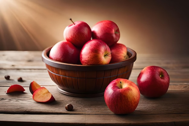 Red apples in a bowl with three apples on a wooden table