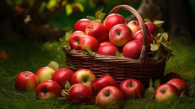 Red apples on green grass in apple orchard nature background Created with Generative Ai technology