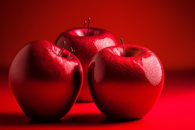 Red apples on red background, free space copy