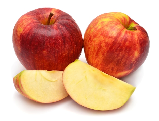 Red apples and slice isolated on white background Perfectly retouched full depth of field on the photo Creative idea fruit juice and drink Top view flat lay