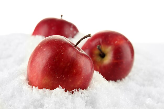 Red apples in snow isolated on white