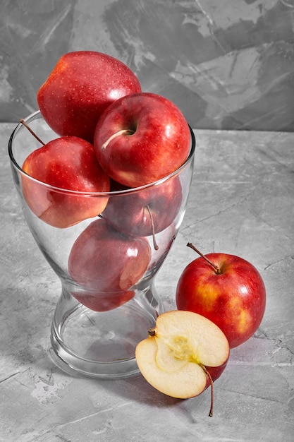 Red apples on the table Top view with copy space on gray stone background