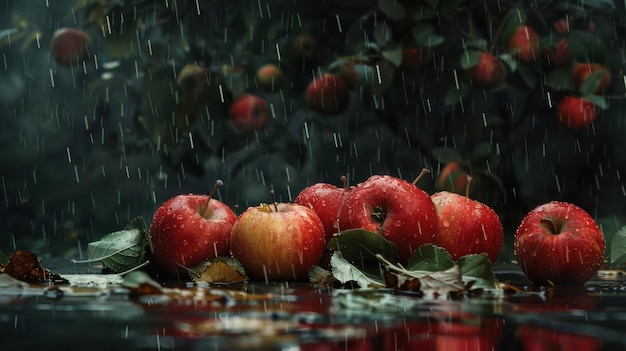 Red Apples on Wet Leafy Table