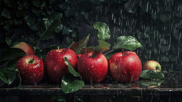 Red Apples on Wet Leafy Table