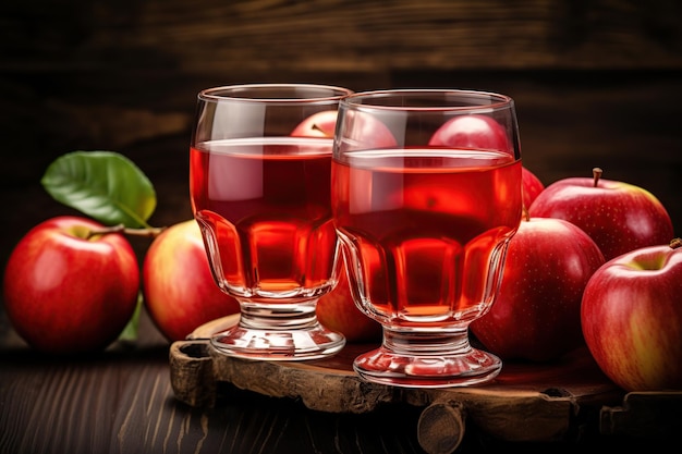 Red apples with glasses of juice on brown wooden table