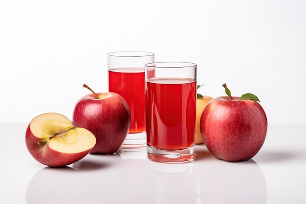 Red apples with glasses of juice isolated on white background