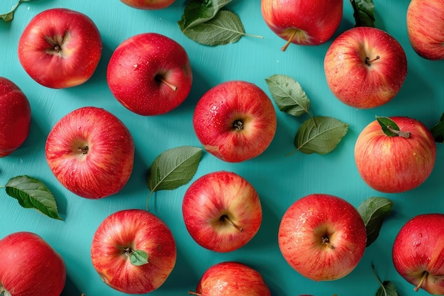 Red Apples with Green Leaves on a Teal Background