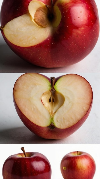 red apples with slices and green leaves isolated on a white background top view