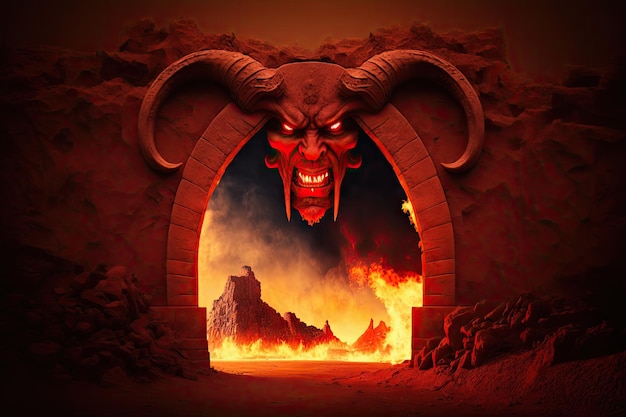 Red arch with devil's face on fire in desert gate to hell