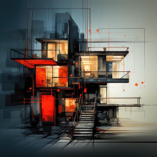 Red Architectural Abstraction Eclectic Minimalistic Design with Thin Lines