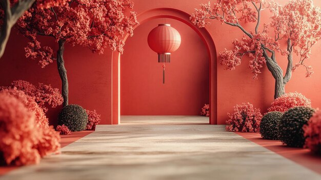 Photo a red archway with a red lantern hanging from it