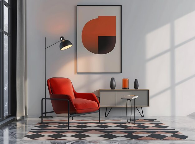 Red armchair against concrete wall in a white room front view