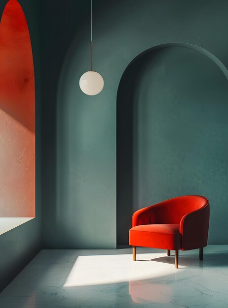 Photo red armchair in minimalist room with archway