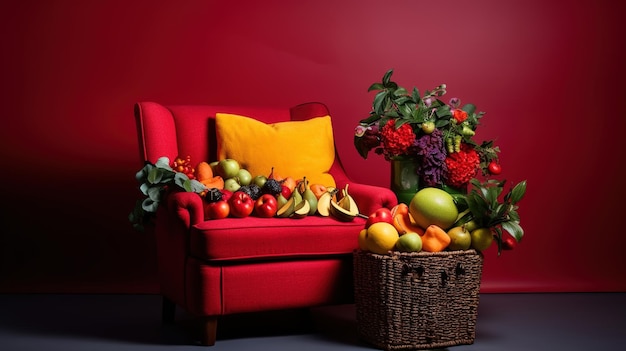 Red armchair with fruits