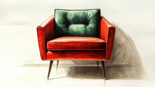 Photo red armchair with green cushion watercolor illustration