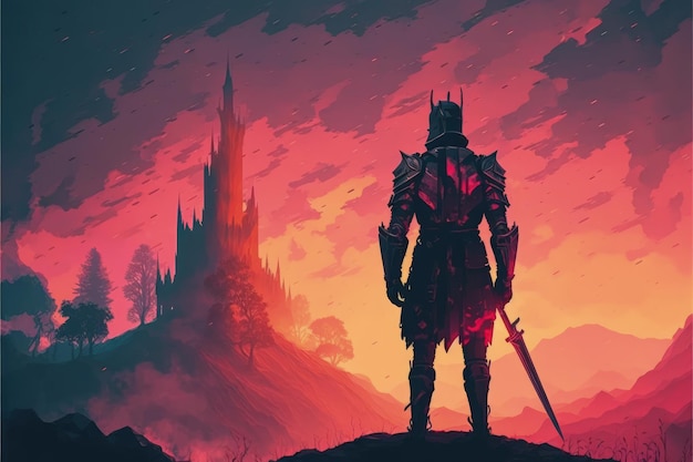 Red armored knight standing before a fantastical castle amid an orangeclouded sky Fantasy concept Illustration painting Generative AI